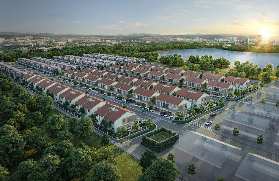 Aerial render of Keys at Lakeside Residences semi-detached township beside the lake, Puchong