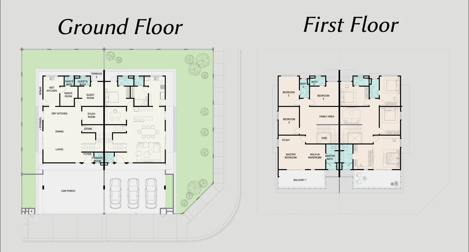 Ground floor and first floor plan, 3,313 sq ft, 6 bedroom 6 bathroom semi-detached, Keys at Lakeside Residences