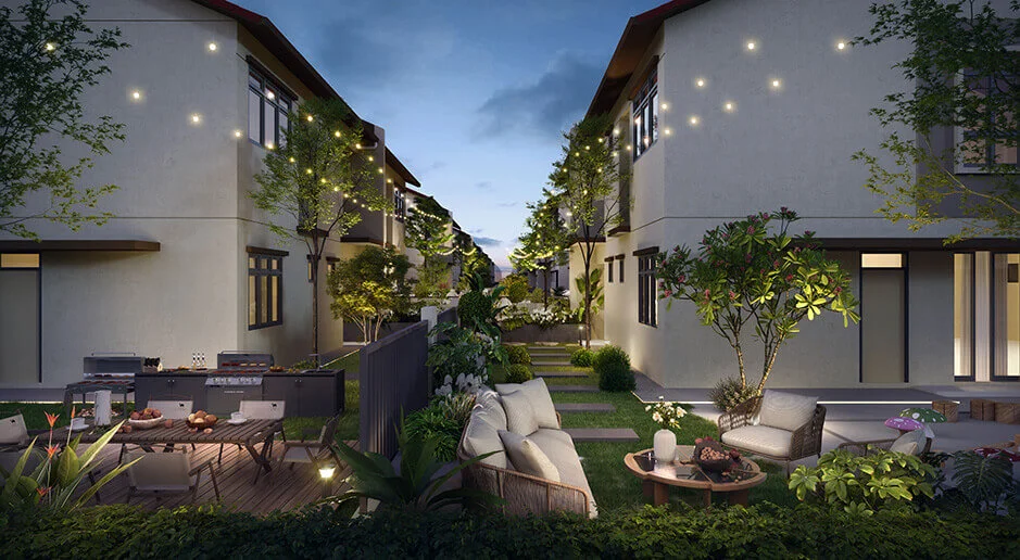 Evening backyard garden render with outdoor dining at Keys, Lakeside Residences