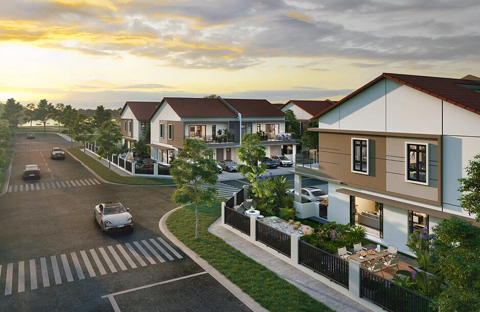 Golden-hour streetscape render with lake view at Keys, Lakeside Residences
