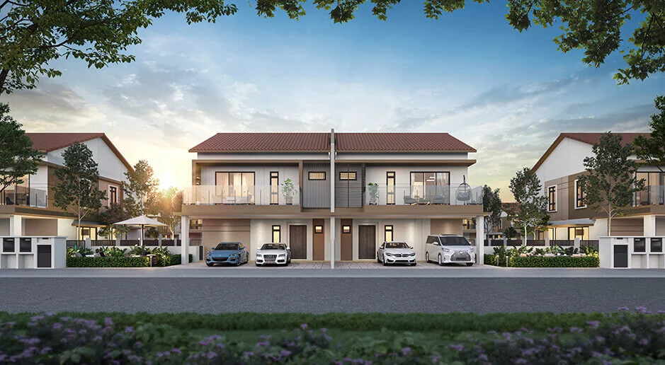 Twin semi-detached unit facade render at Keys, Lakeside Residences